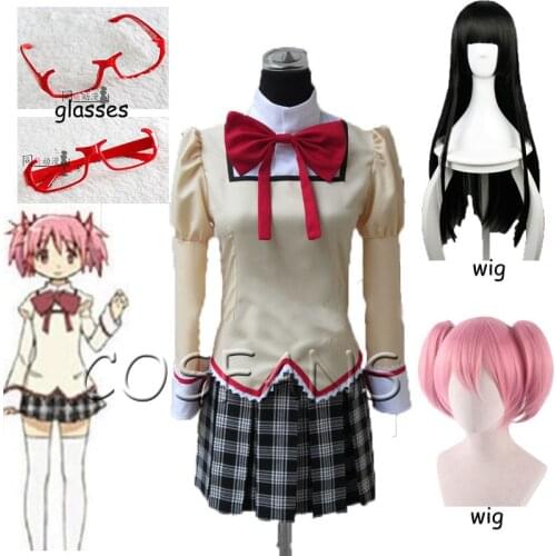 Puella Magi Madoka Magica Kaname Madoka /Akemi Homura School Uniform Dress Anime Cosplay Costumes customizable Wig and glasses