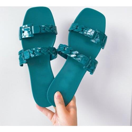 Womens Jelly Slippers 2021 Summer New Double Chain Flip-Flops PVC Beach Jelly Shoes Casual Flat Waterproof Sandals