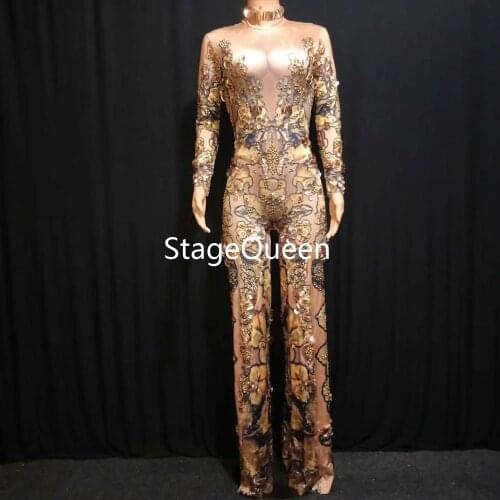 Sexy Skinny Gold Rhinestones Rompers Female Singer Dancer Big Pants Costume One-piece Nightclub Birthday Oufit Party Jumpsuit