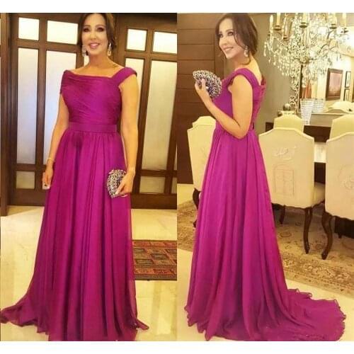 YiMinpwp Fuchsia Mother of The Bride Dresses Off Shoulder Sweep Train A Line Draped Chiffon Women Wedding Guest Gowns