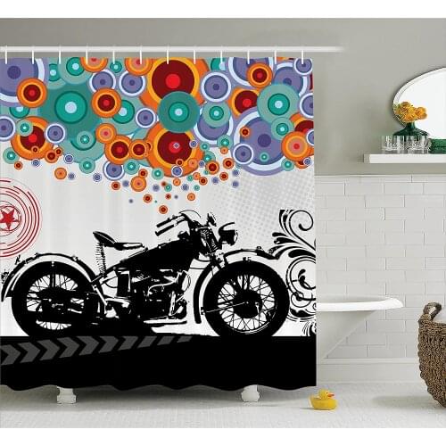 Manly Shower Curtain Motorcycle and Abstract Circle Shapes Ornament Urban Modern Life Clubs Party Wall Decoration Curtains