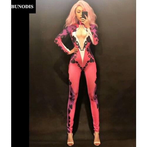 ZD222 Women Sexy Red Jumpsuit 3D Printed Black Flower Sparkling Crystals Bodysuit Nightclub Party Stage Wear Costumes