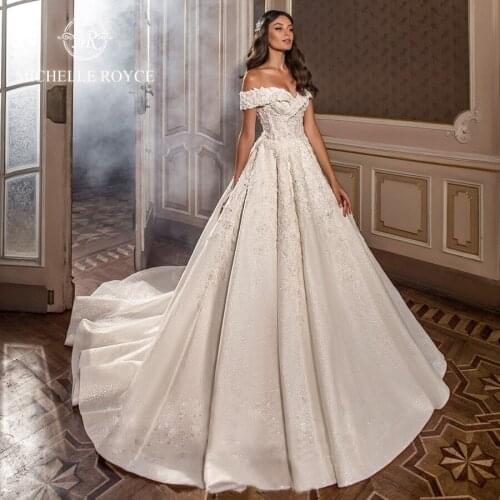 Michelle Royce A-Ling Wedding Dresses 2020 Sexy V-neckline Off the Shoulder Lace Up Chapel Train Bridal Gowns Vestido De Noiva