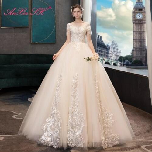 AnXin SH princess flower champagne lace wedding dress vintage o neck beading crystal ruffles bride ball gown wedding dress