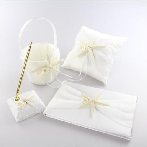4Pcs/set New Fashion Starfish Satin Wedding Decoration Ring Pillow+Flower Basket+Guest Book+Pen Set Bridal Product Supplies