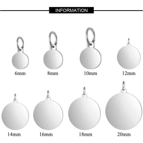 5pcs/lot 100% Stainless Steel Mirror Polished 8-20mm Disc Round Tag Charm Pendant for Bracelet Necklace DIY Jewelry Charm