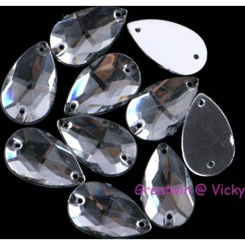 Teardrop Shape Acrylic Sew On Rhinestones Flat Back Sewing On Diamond Beads With Two Holes Sew-On Crystals 11x18mm / 11x21mm