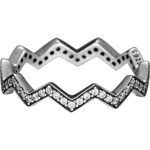 Authentic S925 Sterling Silver Clear CZ Shimmering Zigzag Ring For Engagement Gift Women Fine Jerwelry Rings Wholesale