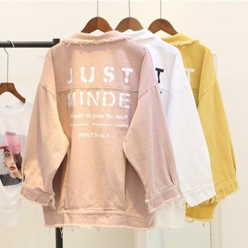 Letter Print Boyfriend Jeans Jacket Oversize For Women Girl Candy Color Denim Cotton Jacket Lady Coat Loose Hole Chaqueta Mujer
