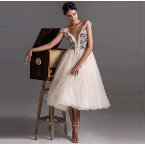 Elegant Flower Beaded A-line Women Dresses To Formal Party Appliques Mid Calf Tulle Prom Gowns 2020 Vestido De Mulher