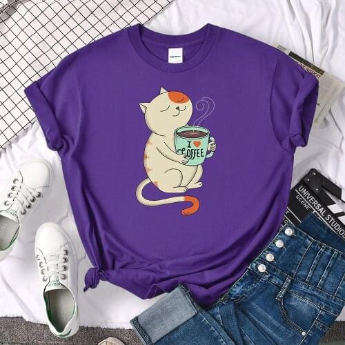 I Love Coffee Orange Cat Printed T-Shirts Womans Harajuku Loose Top Breathable O-Neck T Shirt Fashion Vintage Woman T Shirt