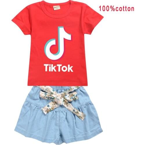TIK TOK Girls Cartoon Cotton T-Shirt Summer Print Short-sleeved T-Shirt Denim-Skirt Set
