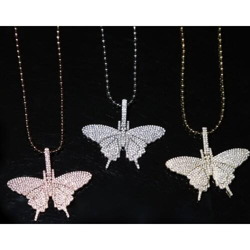 Iced out bling 5A cz paved butterfly pendant hip hop Rock women jewelry clear pink cz paved butterfly necklace 18"
