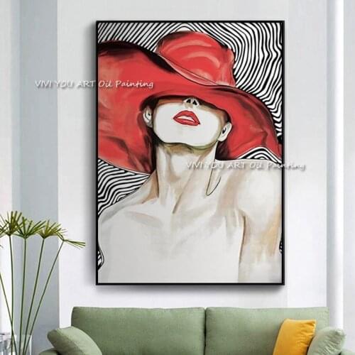 Handmade Oil Painting Picture Woman wear a cap Painting Paint Handmade Oil Painting Wall Art Picture Home Decor