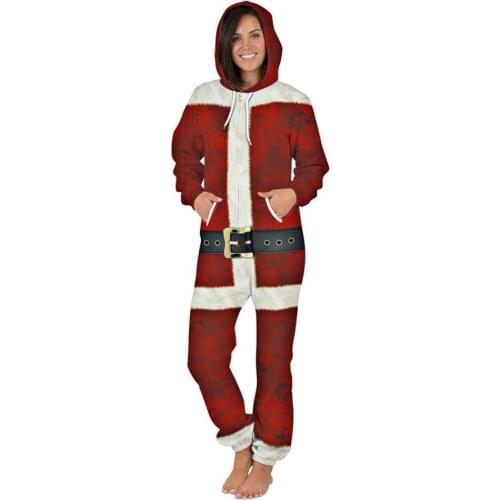 Women Christmas Oversized 3D Printed Hood Zipper Onesie Jumpsuit Romper Men Casual Loose Plus Red Playsuit One Piece Overalls