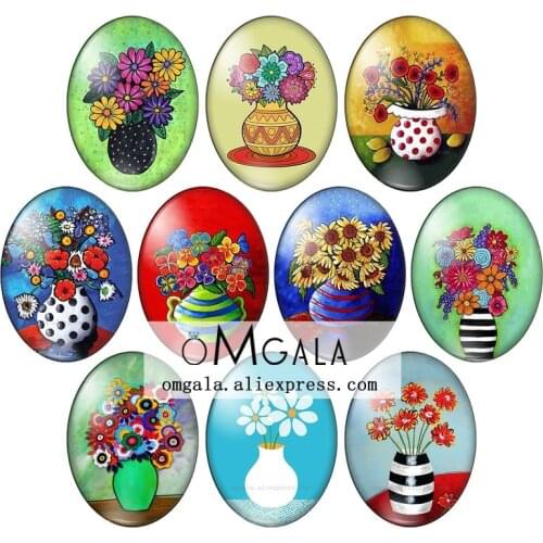 Beauty flowers vase Colorful images 10pcs mixed 13x18mm/18x25mm/30x40mm Oval photo glass cabochon flat back Making findings