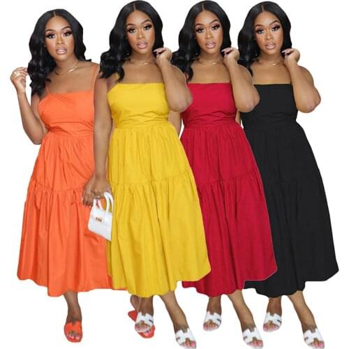 Summer Vocation Spaghetti Strap Women Summer Solid Dress Sexy Bow Backless Lace Up Sleeveless Ruffle Pleated Mid Calf Dress