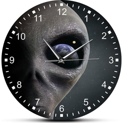 Mystical Outer Space Planet Alien Printed Acrylic Wall Clock Extraterestrial Alien Modern Wall Hanging Watch Saucer Man Design