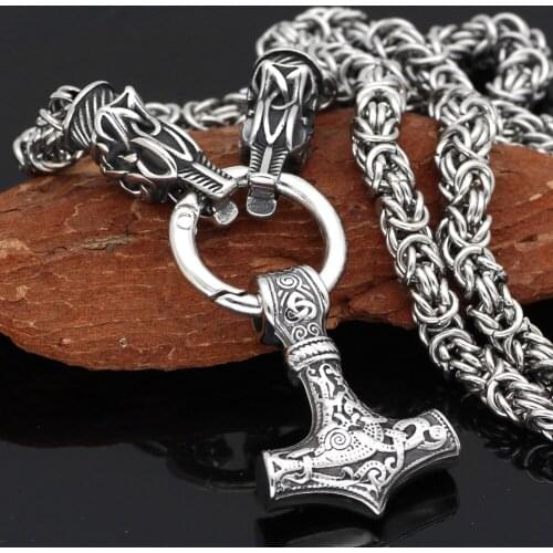 Men Fenrir wolf head with MJOLNIR Thor Hammer norse viking pendant necklace king chain