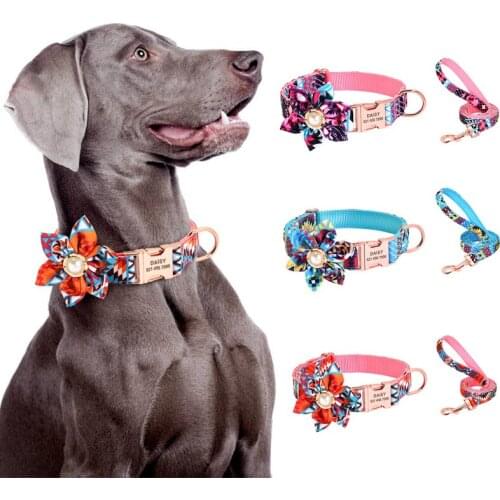 Greyhound Big Dog Collar and Leash Set Pet Collars with Flower Customized Engraved ID Accessories for Medium Large Dogs Supplies
