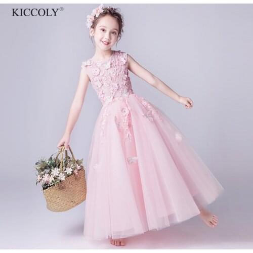 Elegant Beaded Appliques Flower Girl Dress Party Pageant Gown Pink Lace Princess Wedding Dress Kids First Communion Dresses