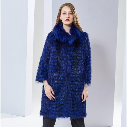 Real Fur Coats Woman 2018 New dark blue Winter Fox Fur Coat Lady Long Genuine Sliver Fox Fur Jackets Striped Style Female