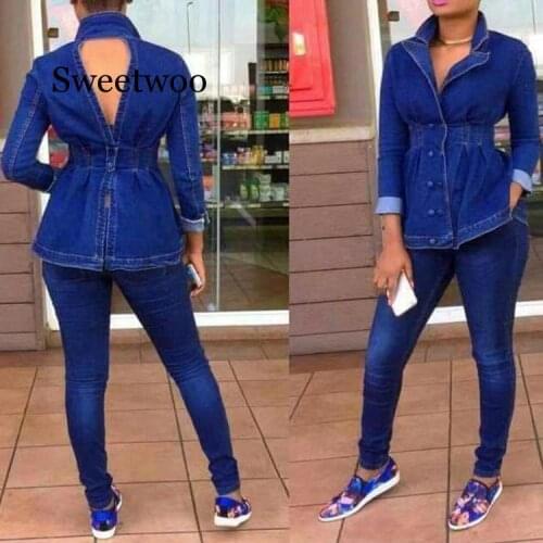 2020 New Casual Jeans Suit Women Denim Two Pieces Set V-Neck Long Sleeve Jeans Top&Long Pants Slim Tracksuit Outfits High Qualit