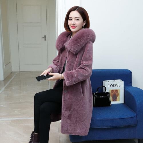 2021 New Woman Fashion Real Fur Coat Female Wool Soft Button Thickened Hooded Outwear Ladies Warm Elegant Loose Large Size Q247