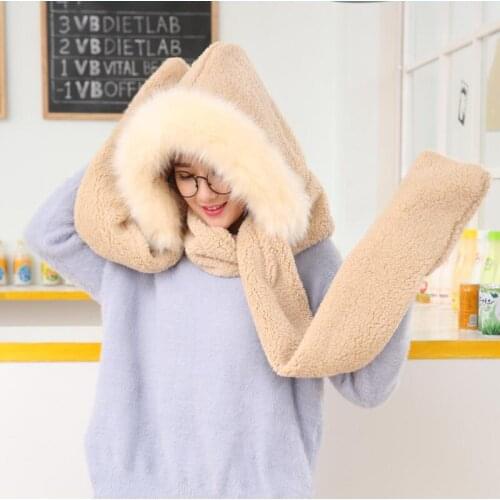 Autumn Winter Women Hat Female Plush Thick Double-Layer Northeast 3-in-1 Hat Warm Cycling Neck Scarf Gloves One Gift