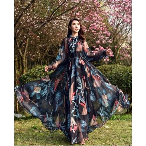 2020 New arrives Long Sleeve Floral Print Dress Boho Dresses Plus Size Women Beach Party Garden Maxi Dress vestidos Robe