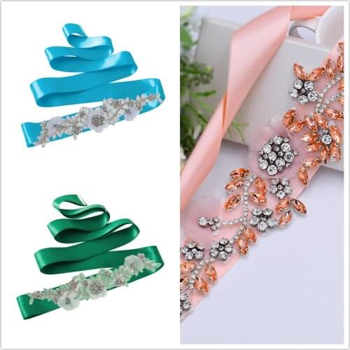 Color Rhinestone Crystal Bridal Belts Wedding Woman Accessories Cute Girl Clothes Silk Belt Big Flower Jewelry Sash ZMS419