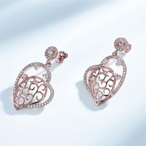 Real 925 Sterling Sliver Earrings Hollow Heart Drop Rose Gold Plated CZ Dangle Branch Earrings For Women Delicate Fine Jewelry