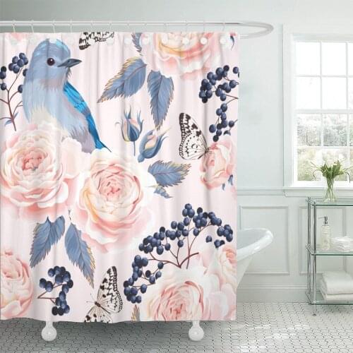 Blue Bird Vintage Roses Berry Blossom Shower Curtain Waterproof Polyester Fabric 72 x 72 inches Set with Hooks
