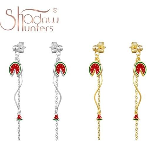 SHADOWHUNTERS Romantic 925 Sterling Silver Fruit Earrings Enamel Watermelon Pieces Chain Drop Earrings Women Jewelry Summer Gift
