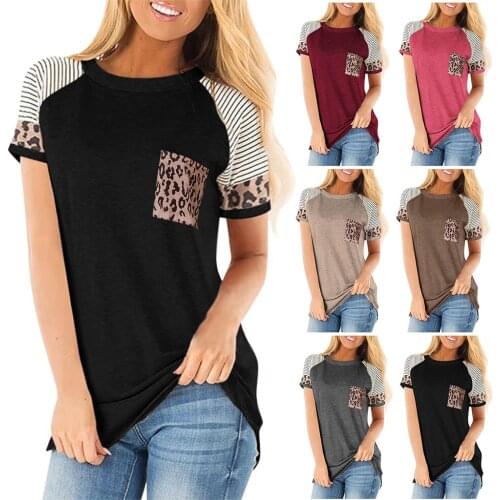 Woman Tshirts Summer 2021 New Leopard Print Stripe Round Collar Short Sleeve Bump Color Pocket Harajuku T Shirt Women BX20008