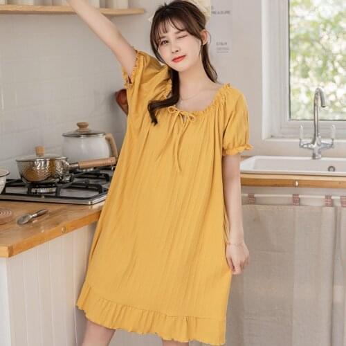 2021 Hot Summer Short Sleeve Cotton Cute Bow Nightgowns for Women Korean Loose Sleepwear Night Gown Nightdress Home Dress Nighty