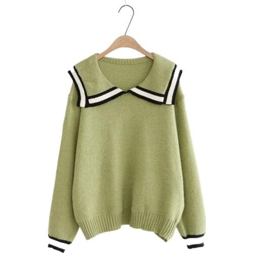 Women Sweaters 2020 Autumn Winter Sailor Collar Knitted Pullover Korean Style Long Sleeve Jumpers Striped Patchwork Knitwear