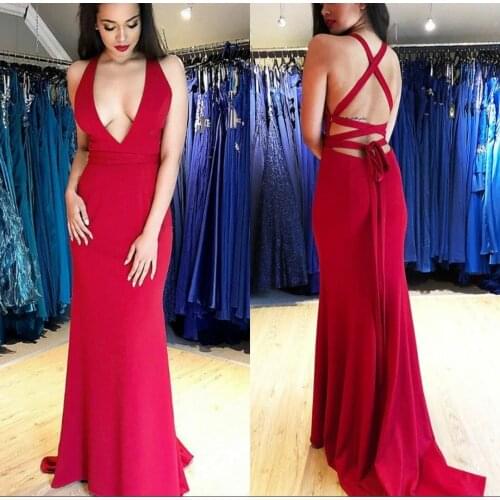 Sexy Long Red Mermaid V-Neck Evening Dresses Satin Floor Length Criss Cross Back Formal Party Dresses for Women