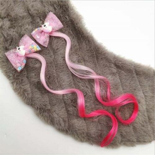 2pcs Girls Colorful Wig Ponytail Cute Unicorn Hair Clip Ornament Bow Headband Headwear Kids Twist Braid Rope Hair Accessories