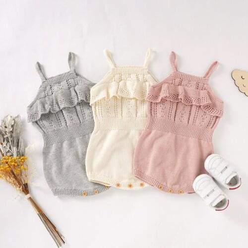 2021 0-18M Spring Fall Baby Solid Color Knitted Romper Girls Ruffle Sleeveless Square Collar Hollow Out Short Jumpsuit Overalls