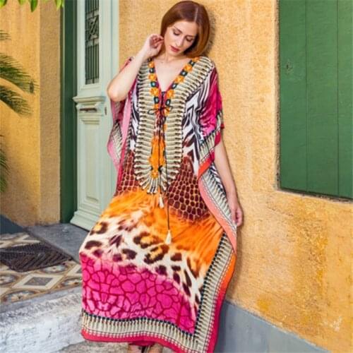 2021 Boho Printed Bikini Cover-ups Elegant V-neck Short Sleeve Plus Size Kaftan Summer Women Beach Wear Swim Suit Cover Up Q1258