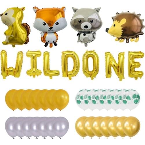 5 Pcs Forest Theme WILD ONE Letters Decoration Accessories Squirrel Fox Hedgehog Pink PENTAGRAM Ballons Sets