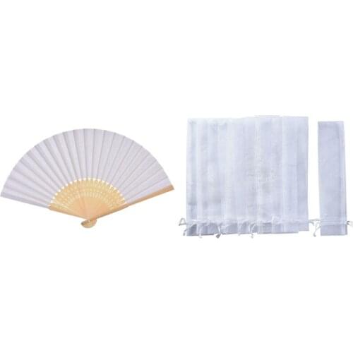 Promotion! 30 PCS Folding Paper Hand Fan Custom Halloween Ladies (White) & 100 Pack Folding Hand Fan Pouch Drawstring Organza Ba
