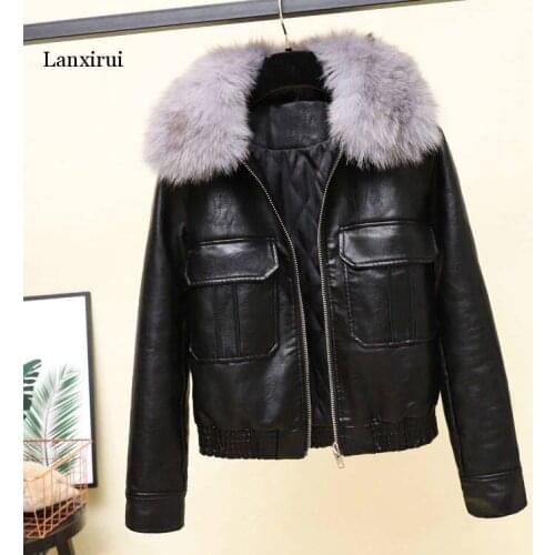 Big Fake Fox Fur Collar New Women Winter Warm Faux Leather Jackets Motorcycle PU Leather Jacket Female Warm Coats