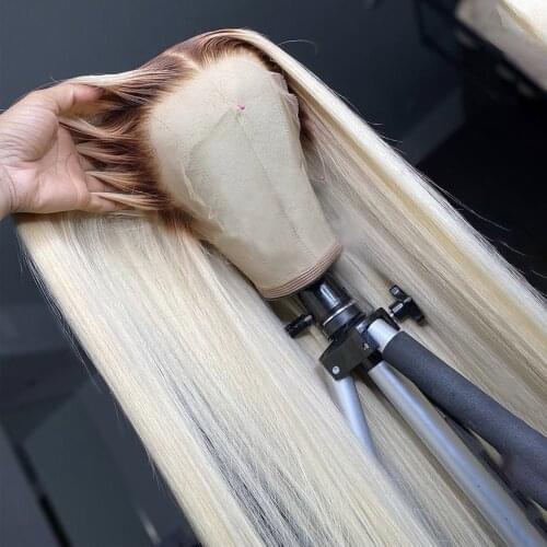 Long Straight Ombre Ash Blonde Honey Blonde Colored Human Hair Wig HD Transparent 13x4 Lace Front For Black Women Full Frontal