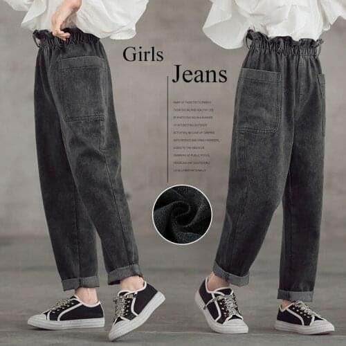 Autumn 2021 teen girls Jeans Big Pocket Loose Casual Pants Kids Trousers Childrens Clothing Dark Gray Girls Clothes 13 14