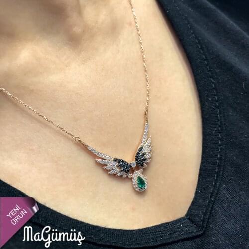 Emerald green Michael Angel Wing Silver Necklace
