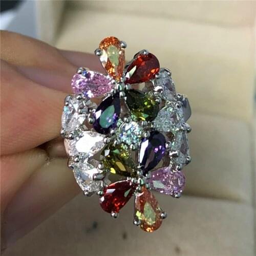 Luxury Big Rainbow Flower Ring Boho Female Party Ring Promise Engagement Rings For Women Wedding Band Fashion Jewelry