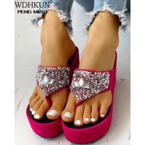 WDHKUN Summer New Womens Flip-flops Slippers Outside Fashion Rhinestone Wedges Flip-flops Thick-soled Platform Slippers Slides