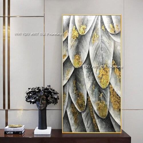 The Top Selling Foil Leaf Feather Handmade Modern Abstract Oil Painting On Canvas Corridor Palette Wall Art Living Room Decor